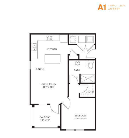 A black and white diagram of apartment A1 with a living room, dining room, kitchen, bathroom, and two bedrooms.